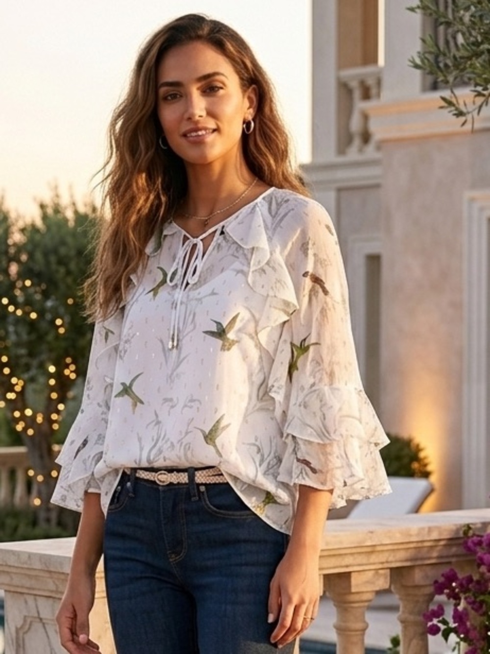 Ted Baker Sheer Hummingbird Print Ruffle Flutter Blouse Metallic Top Sz 0 US 2